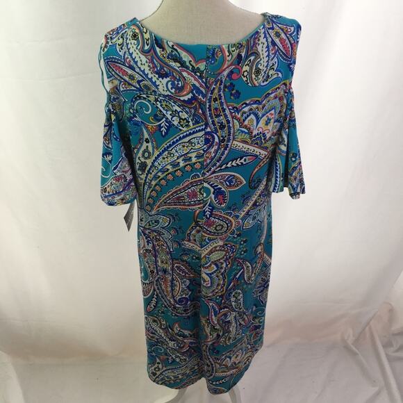 RN Studio Cold Shoulder Paisley Dress Turq Multi 6 - Picture 15 of 16